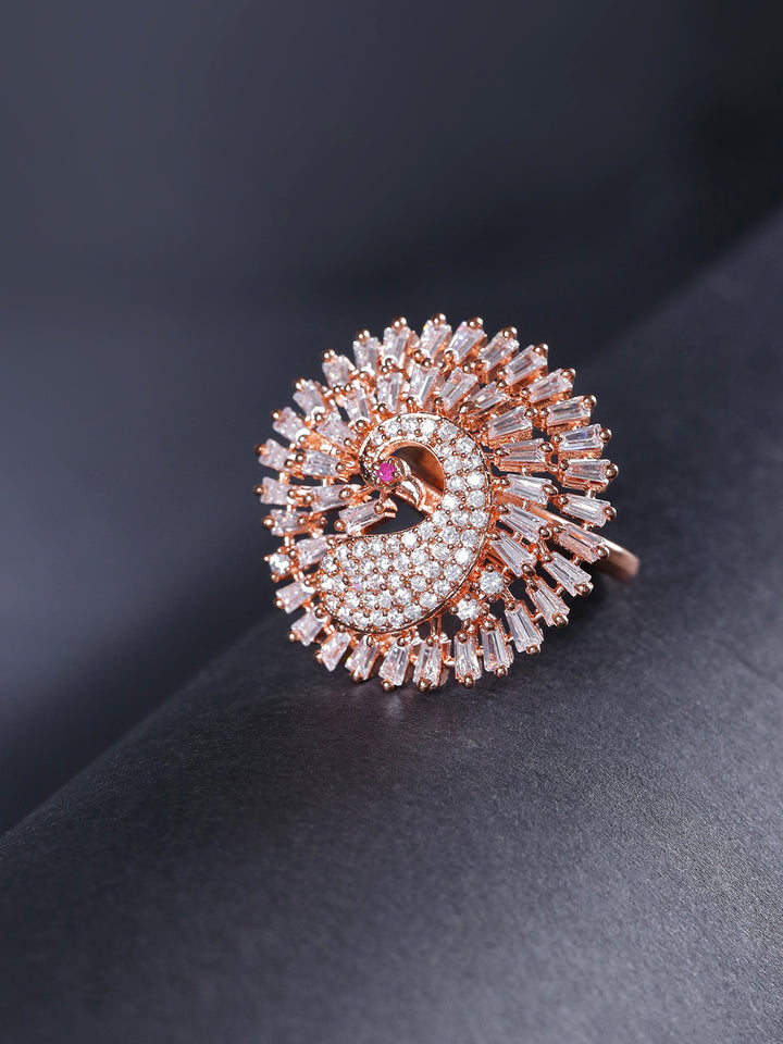 Bird Feathers-Rose Gold-Plated Peacock Inspired Adjustable Ring Studded with American Diamond