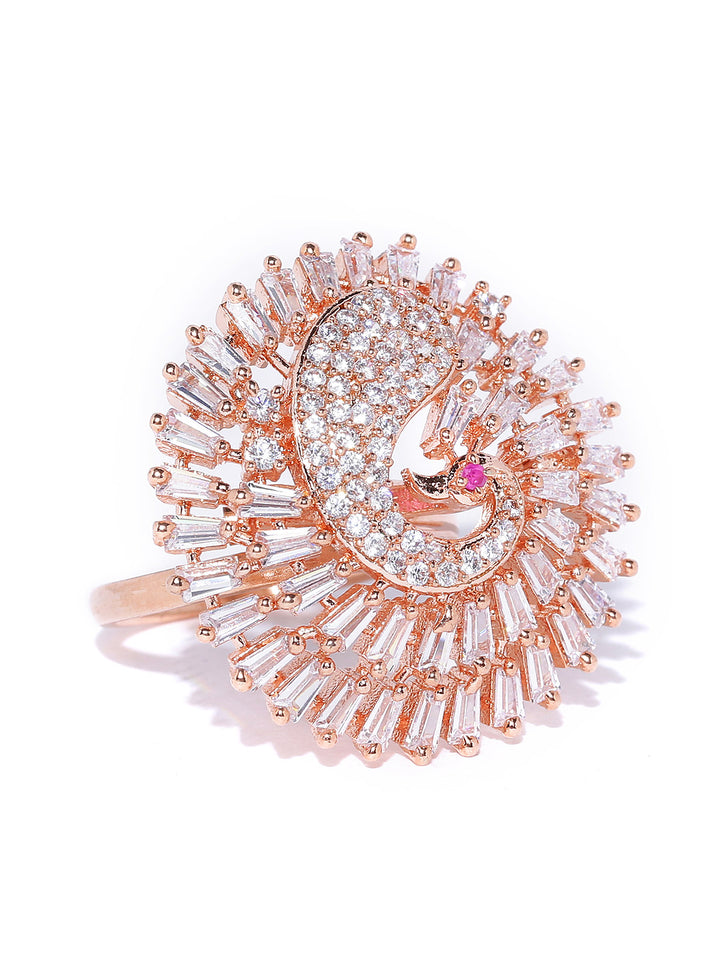 Bird Feathers-Rose Gold-Plated Peacock Inspired Adjustable Ring Studded with American Diamond