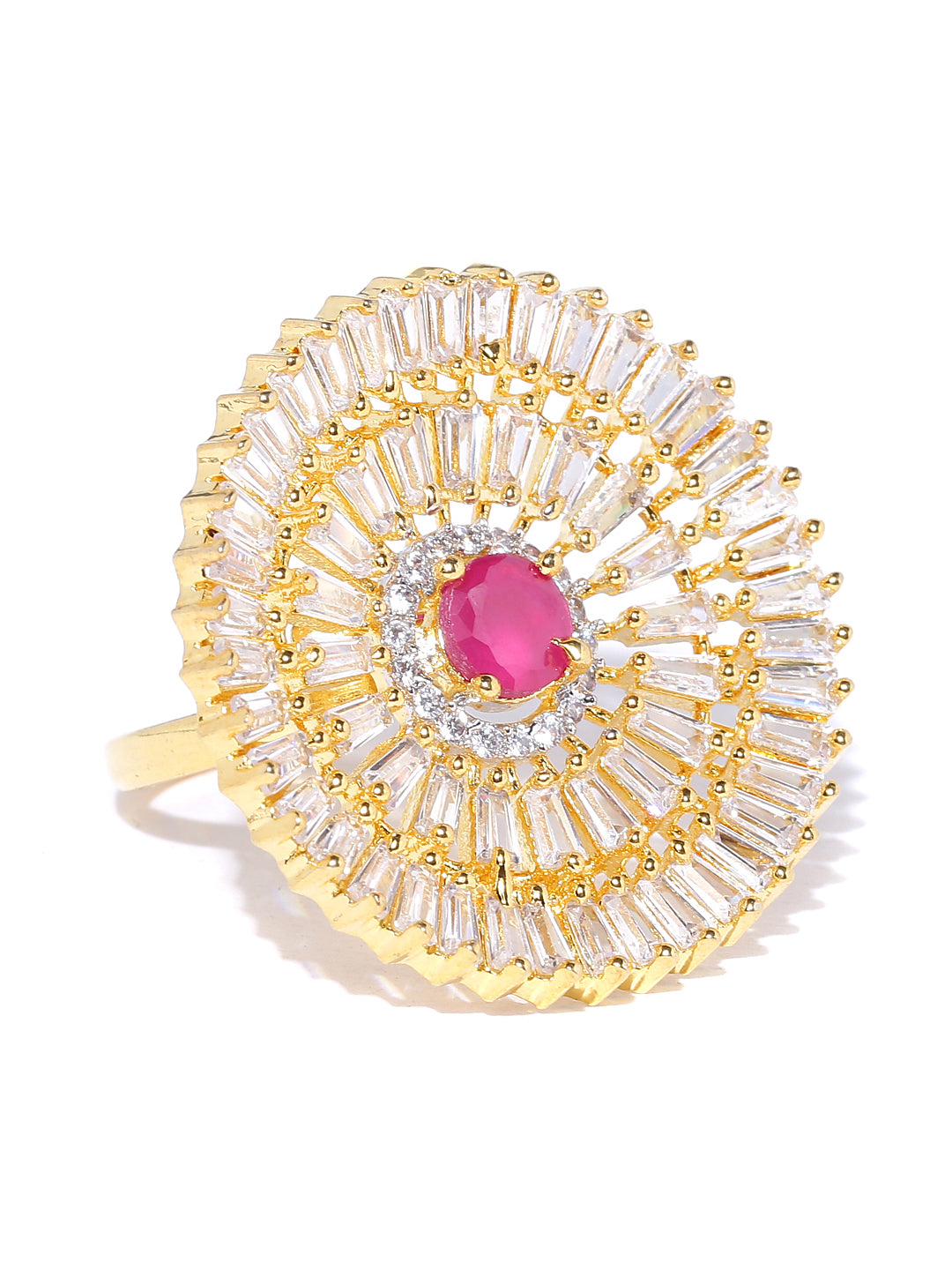 Gold-Plated American Diamond And Ruby Studded Adjustable Ring