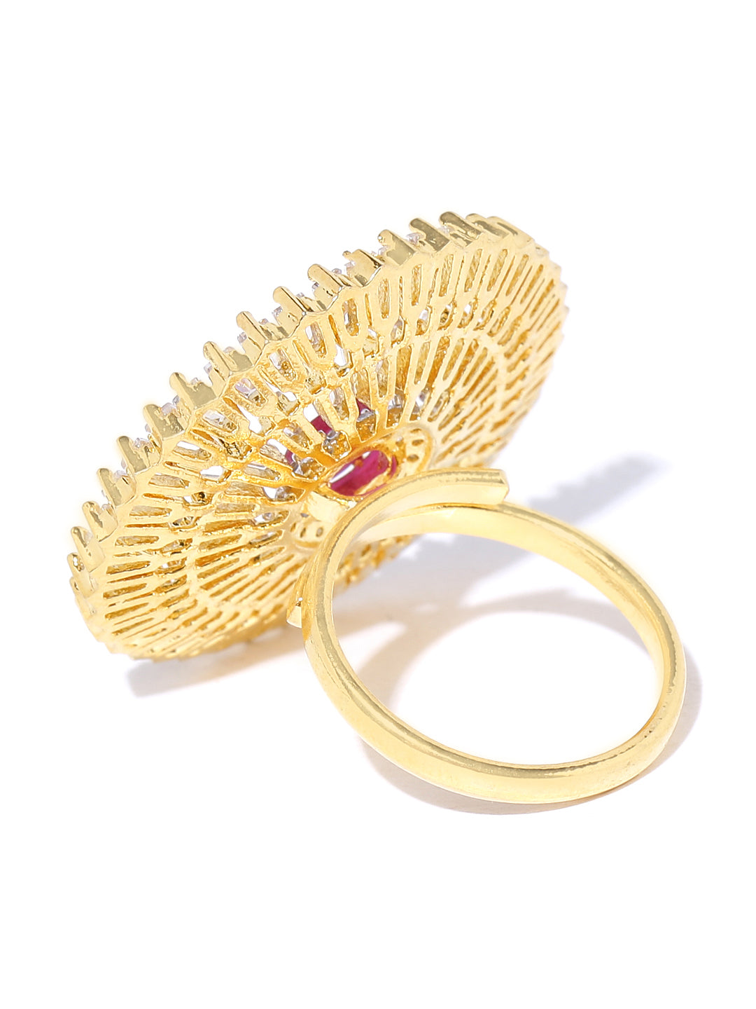 Gold-Plated American Diamond And Ruby Studded Adjustable Ring