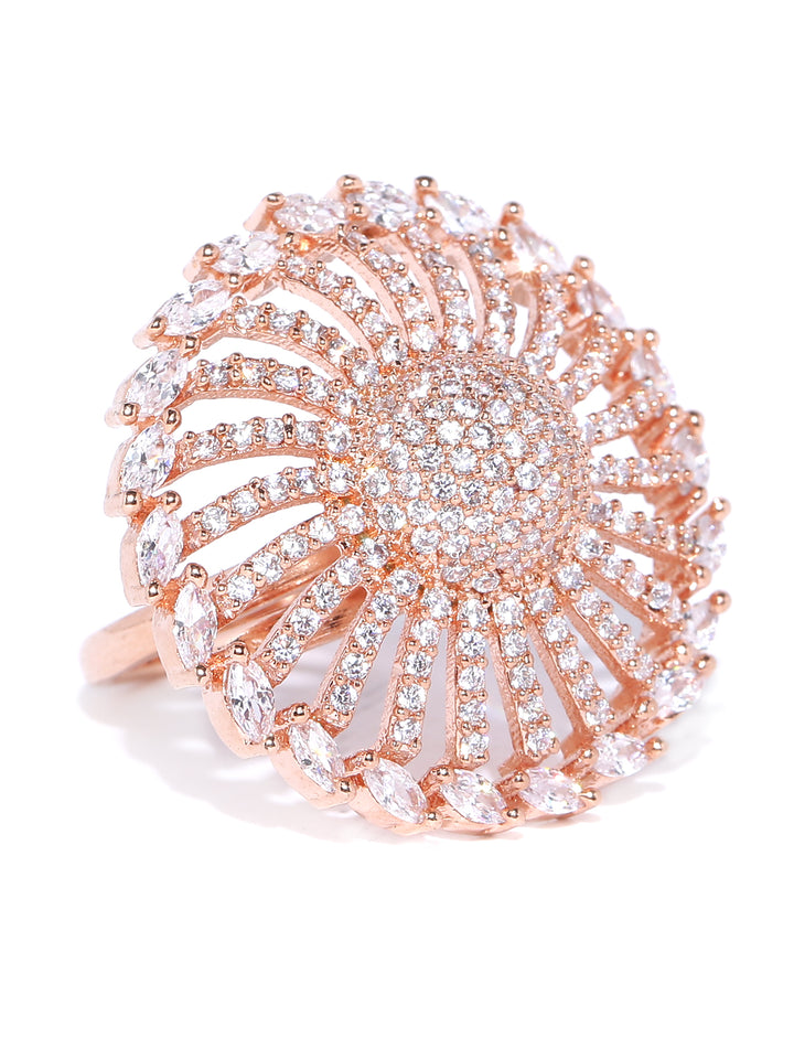 Rose Gold-Plated American Diamond Studded Adjustable Ring