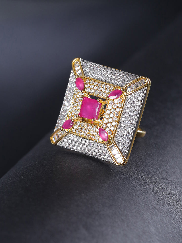 Pink Gold-Plated American Diamond And Ruby Studded Adjustable Ring in Geometric Pattern