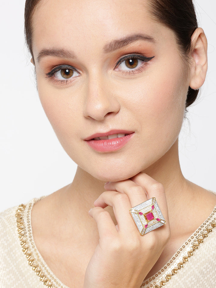 Pink Gold-Plated American Diamond And Ruby Studded Adjustable Ring in Geometric Pattern