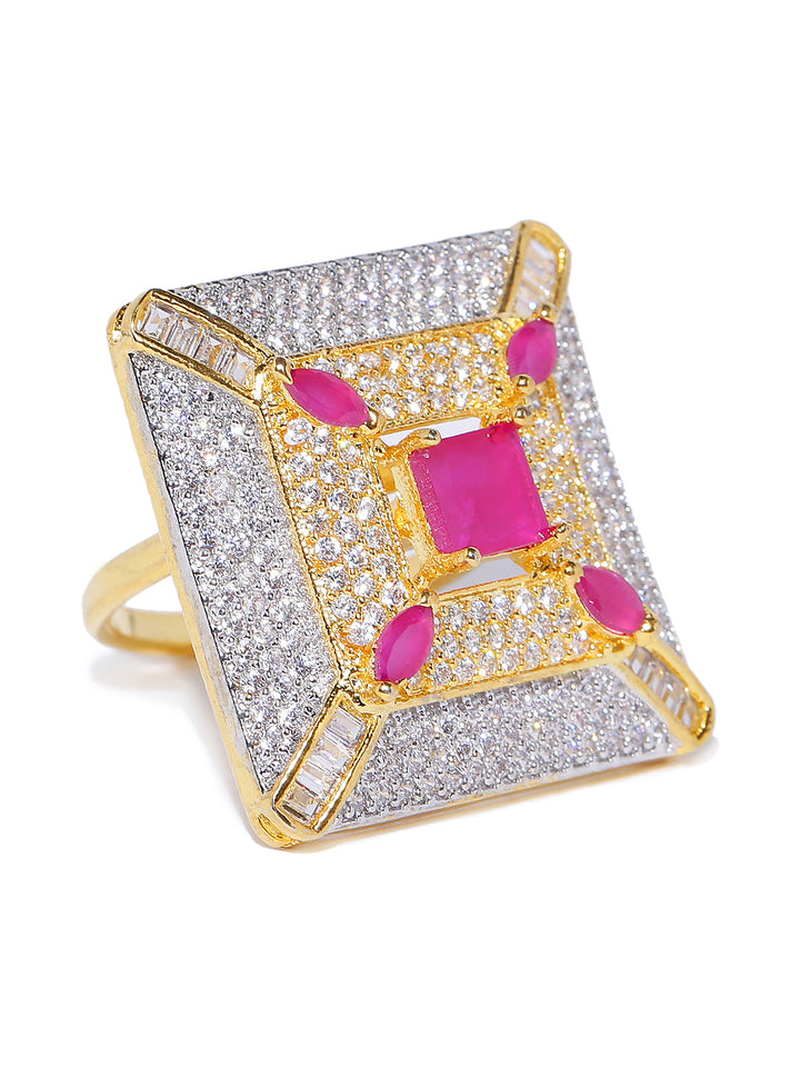 Pink Gold-Plated American Diamond And Ruby Studded Adjustable Ring in Geometric Pattern