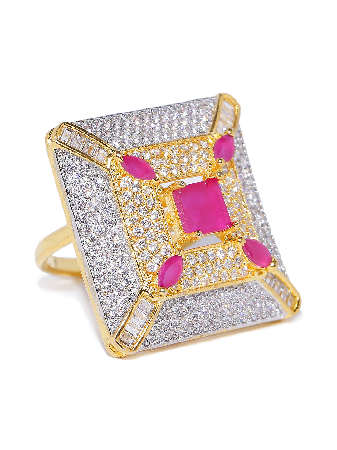 Pink Gold-Plated American Diamond And Ruby Studded Adjustable Ring in Geometric Pattern