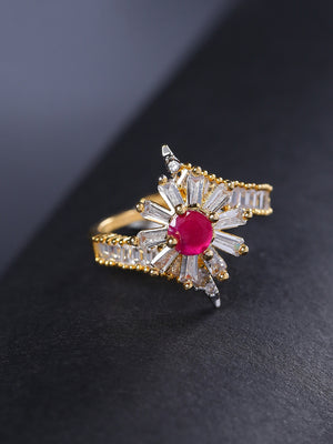 Pink Gold-Plated American Diamond And Ruby Studded Adjustable Ring in Floral Pattern