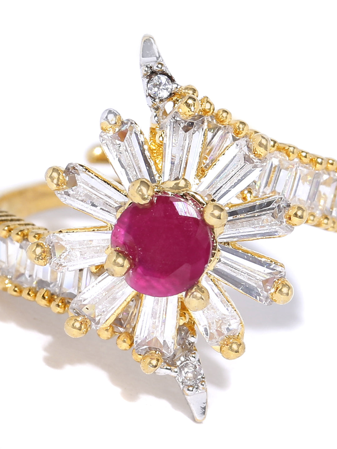 Pink Gold-Plated American Diamond And Ruby Studded Adjustable Ring in Floral Pattern