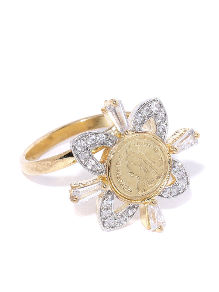 Gold-Plated American Diamond Studded Adjustable Ring in Floral Pattern