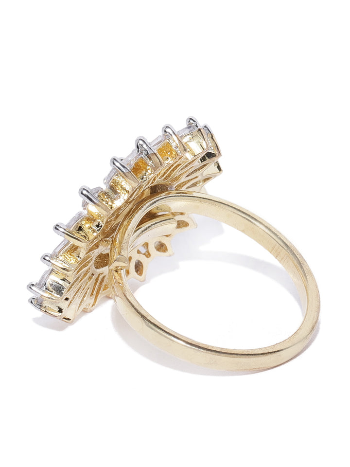 Gold-Plated American Diamond Studded Adjustable Ring in Floral Pattern