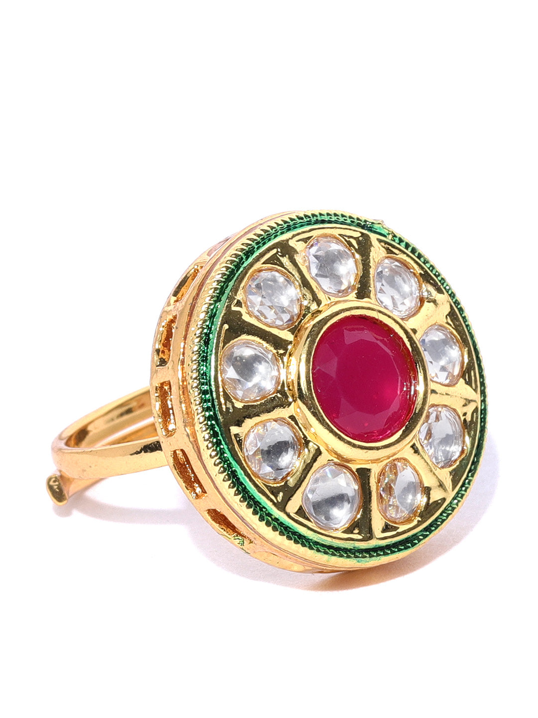 Gold-Plated Kundan & Ruby Studded Adjustable Ring in Geometric Pattern