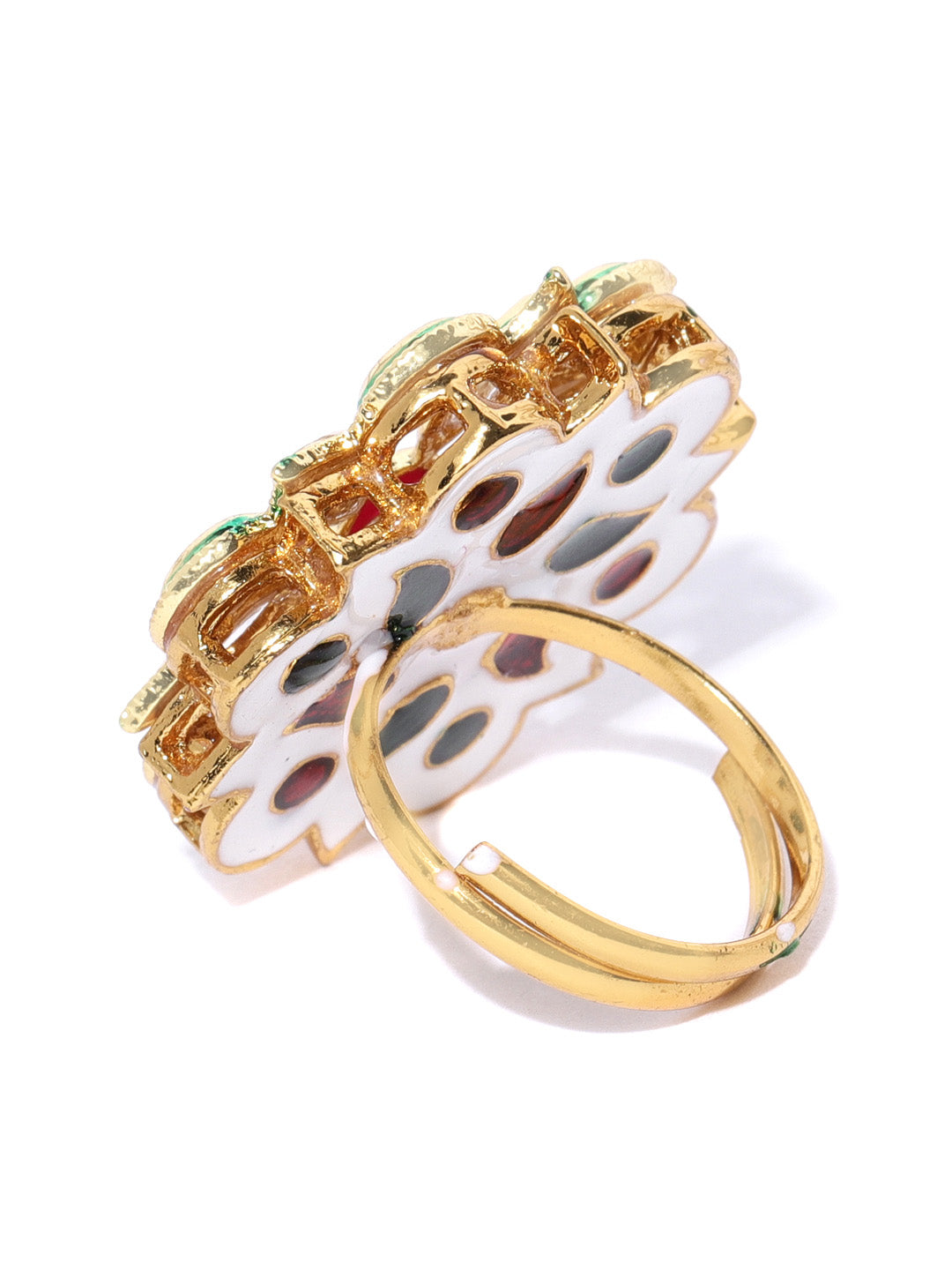 Gold-Plated Kundan Studded Adjustable Ring in Floral Pattern