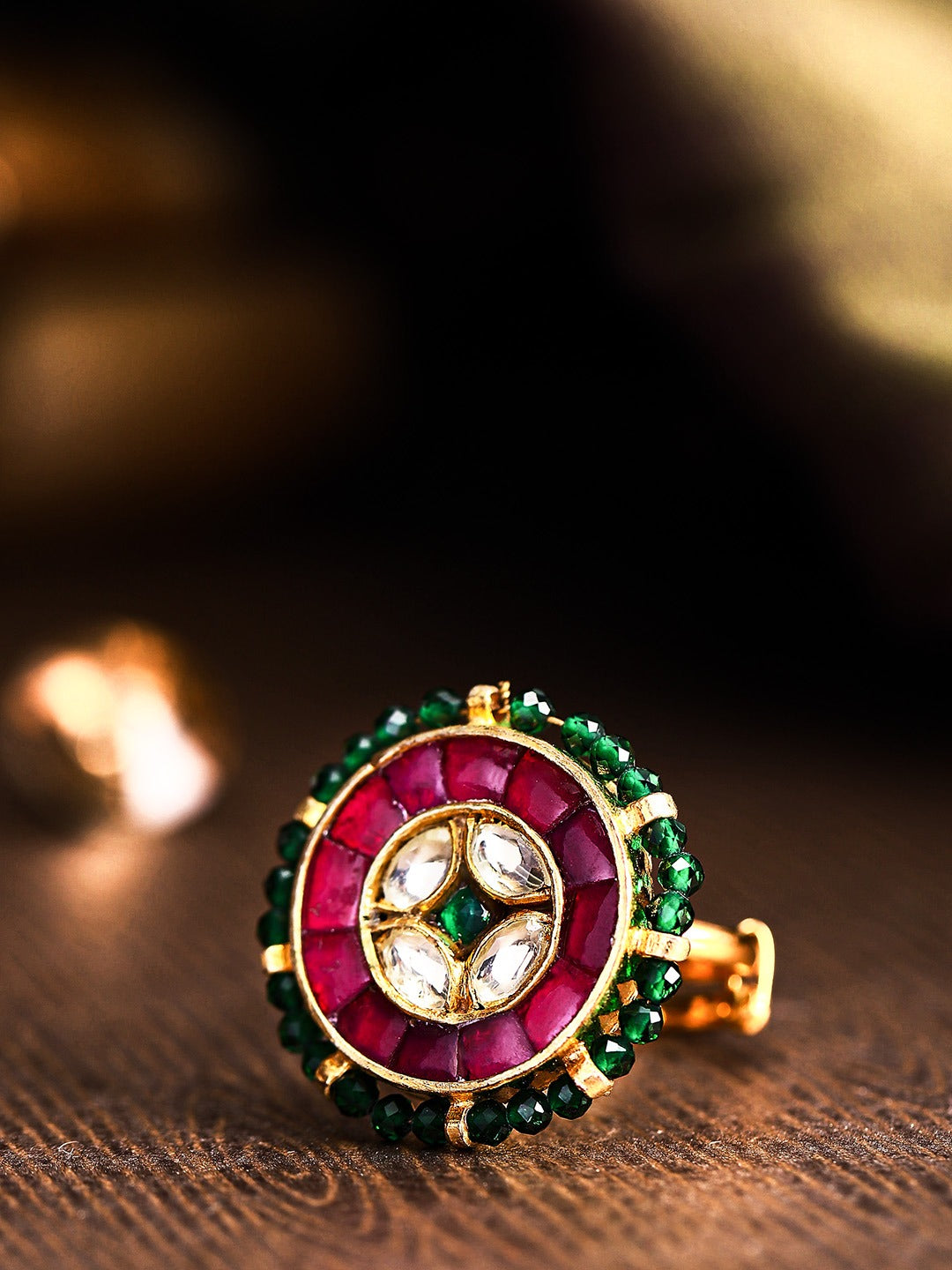 Gem Fusion - Golden Pachi Kundan & Ruby Studded Magenta & Green Adjustable Ring