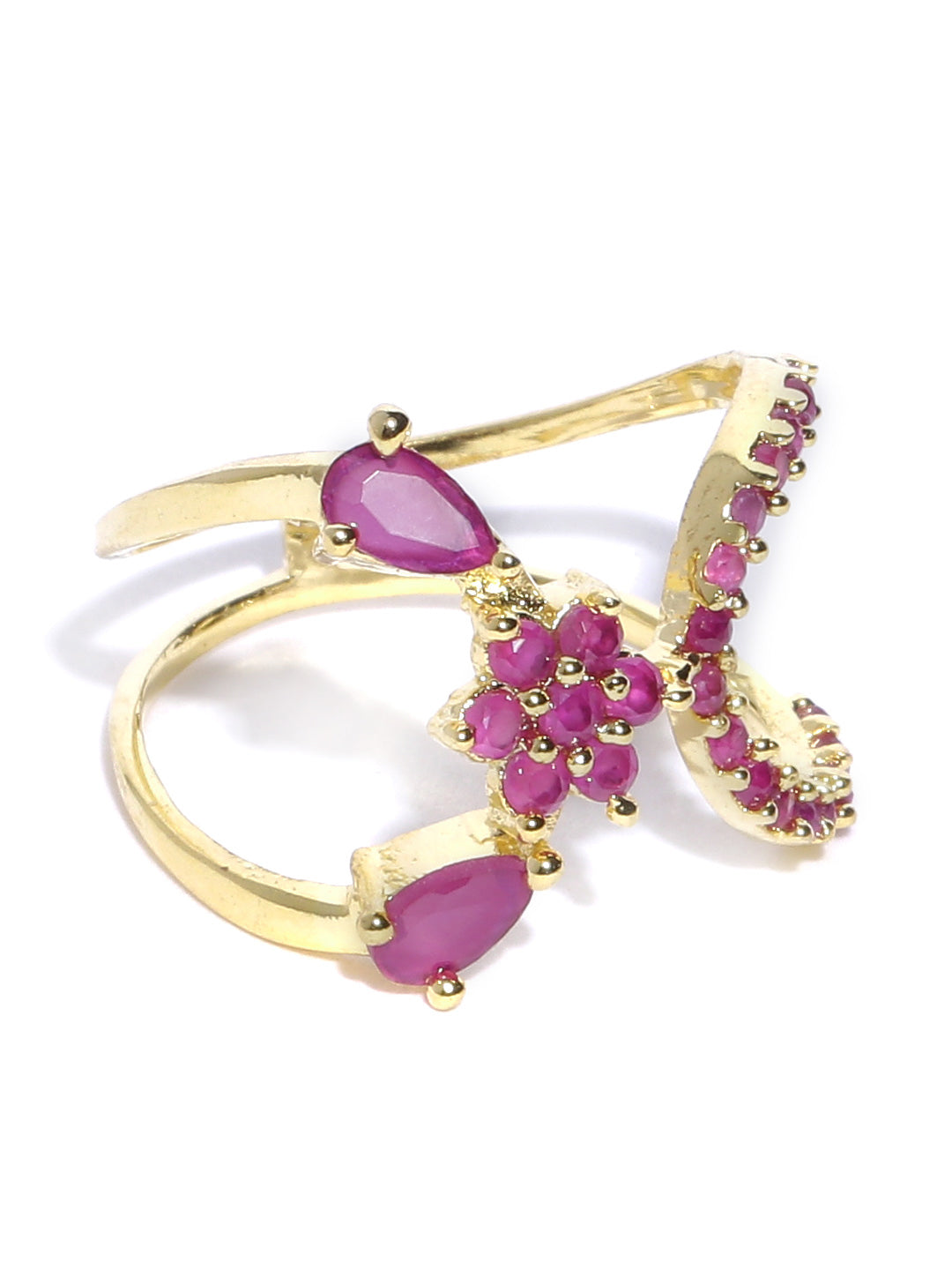 Gold-Plated Ruby Studded Floral Patterned Ring