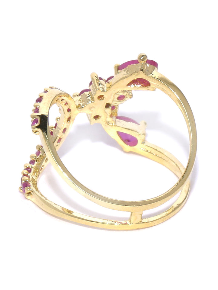 Gold-Plated Ruby Studded Floral Patterned Ring