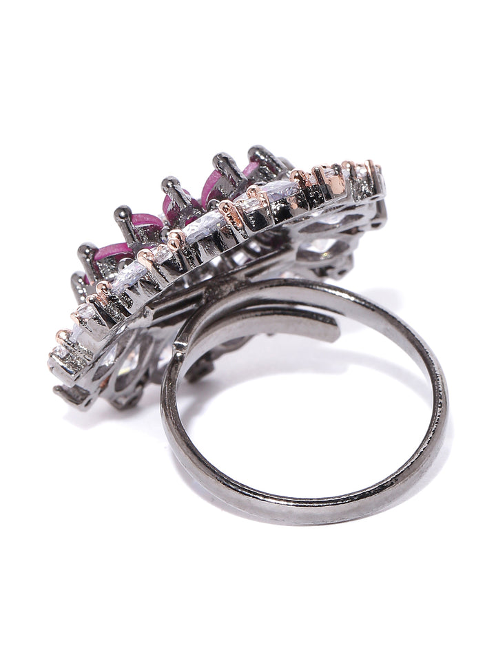 Purple Gunmetal-Plated American Diamond Studded Adjustable Ring in Floral Pattern