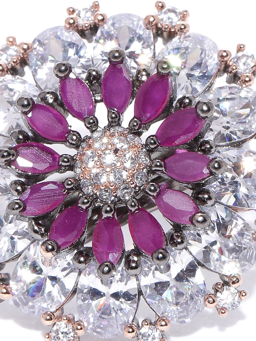 Purple Gunmetal-Plated American Diamond Studded Adjustable Ring in Floral Pattern