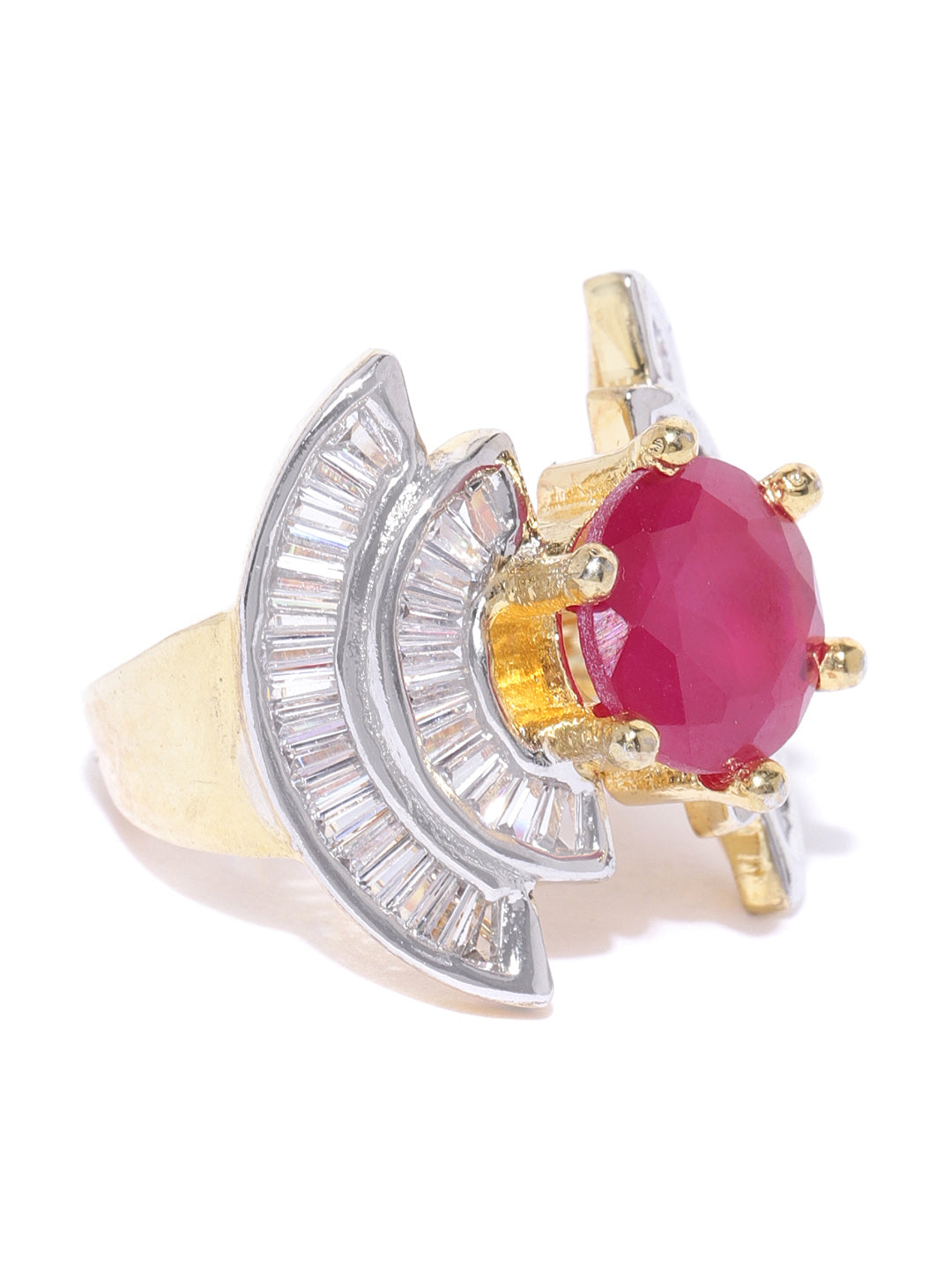 Gold-Plated American Diamond And Ruby Studded Ring