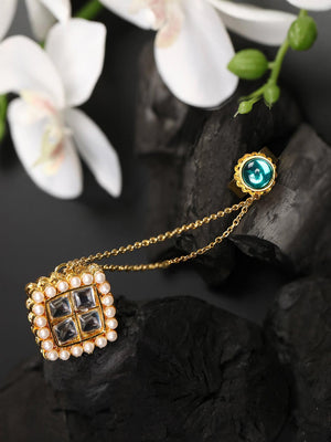 Gold Plated Kundan & Emerald Studded Dual Finger Adjustable Ring