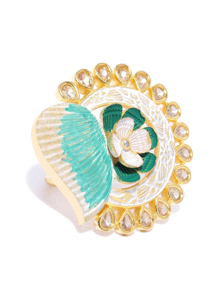Gold-Plated Stones Studded Floral Patterned Adjustable Meenakari Ring in Shades of Green