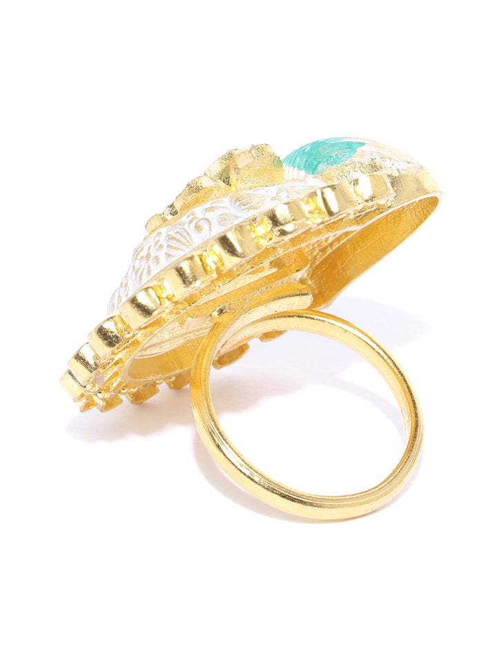 Gold-Plated Stones Studded Floral Patterned Adjustable Meenakari Ring in Shades of Green