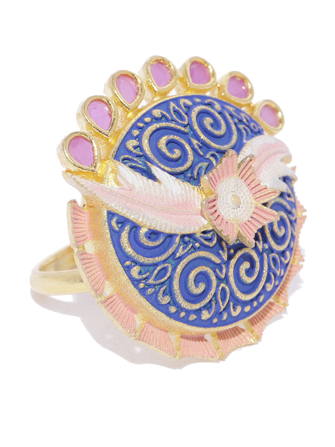 Gold-Plated Floral Patterned Adjustable Meenakari Ring in Blue and Pink Color
