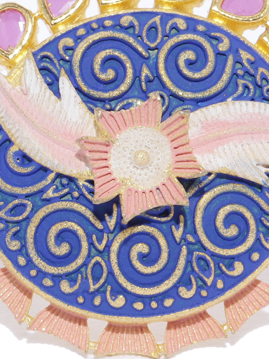 Gold-Plated Floral Patterned Adjustable Meenakari Ring in Blue and Pink Color
