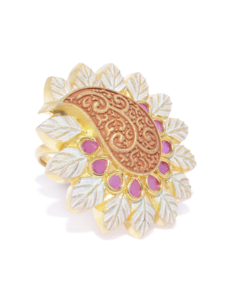 Gold-Plated Paisley Patterned Adjustable Meenakari Ring in Green and Red Color