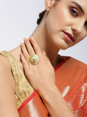 Gold-Plated Stones Studded Peacock Inspired Adjustable Meenakari Ring in Green and Pink Color