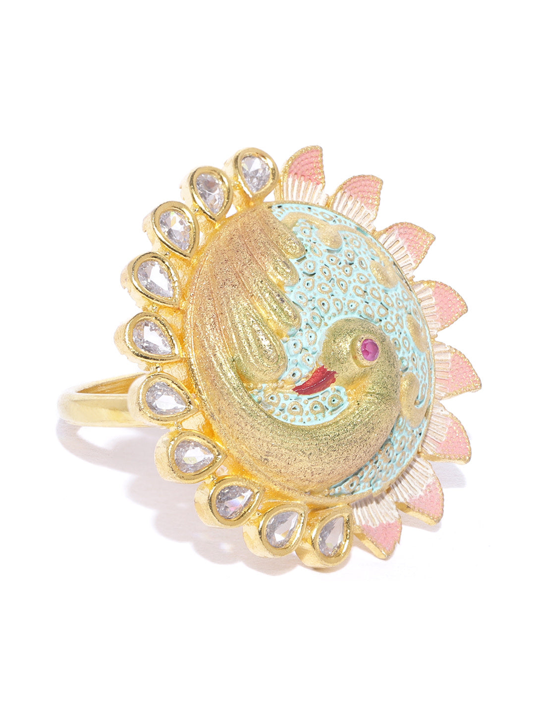 Gold-Plated Stones Studded Peacock Inspired Adjustable Meenakari Ring in Green and Pink Color