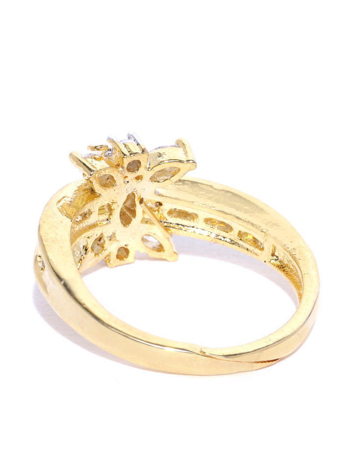 Gold-Plated American Diamond Studded Floral Patterned Ring