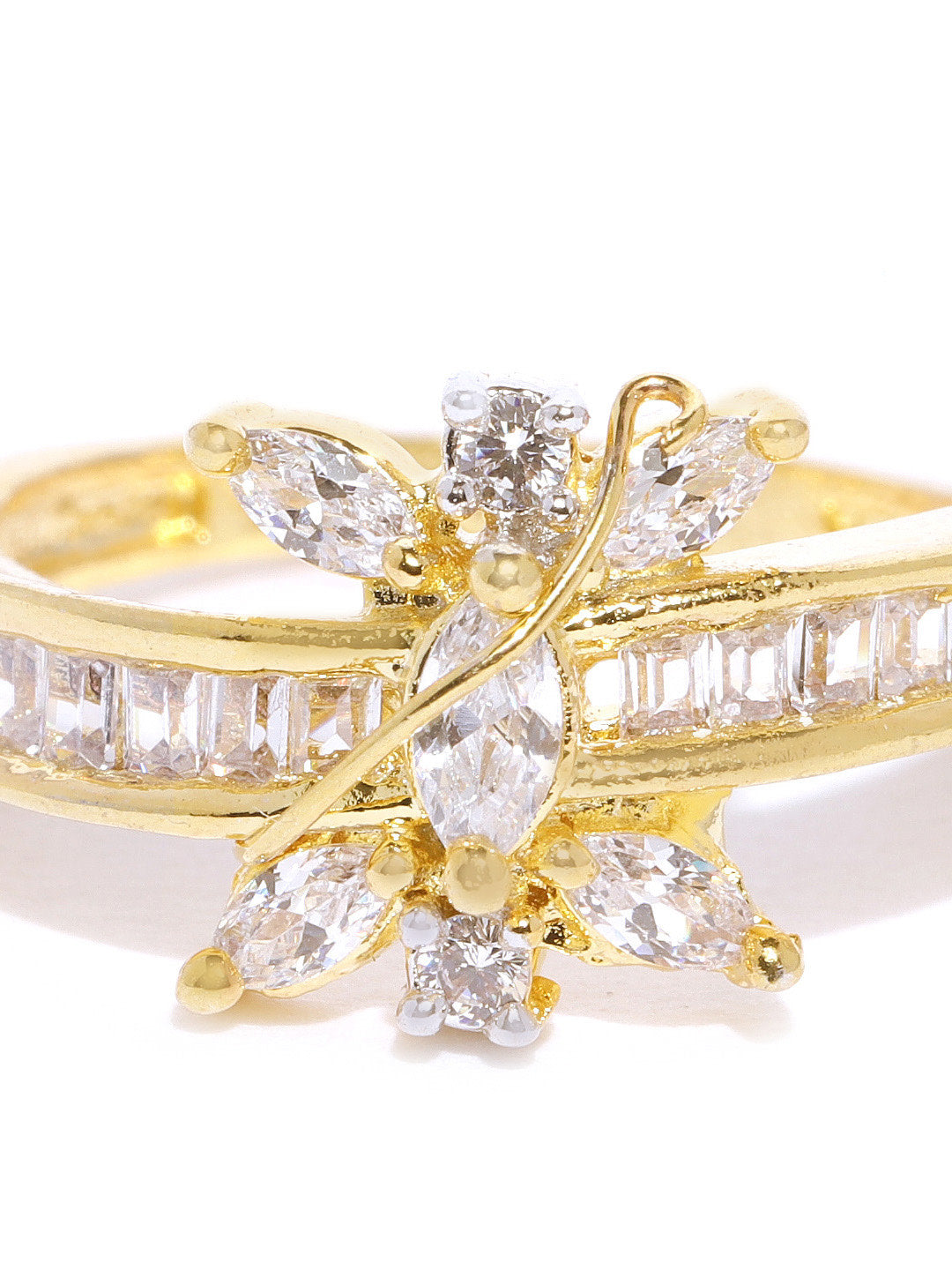 Gold-Plated American Diamond Studded Floral Patterned Ring