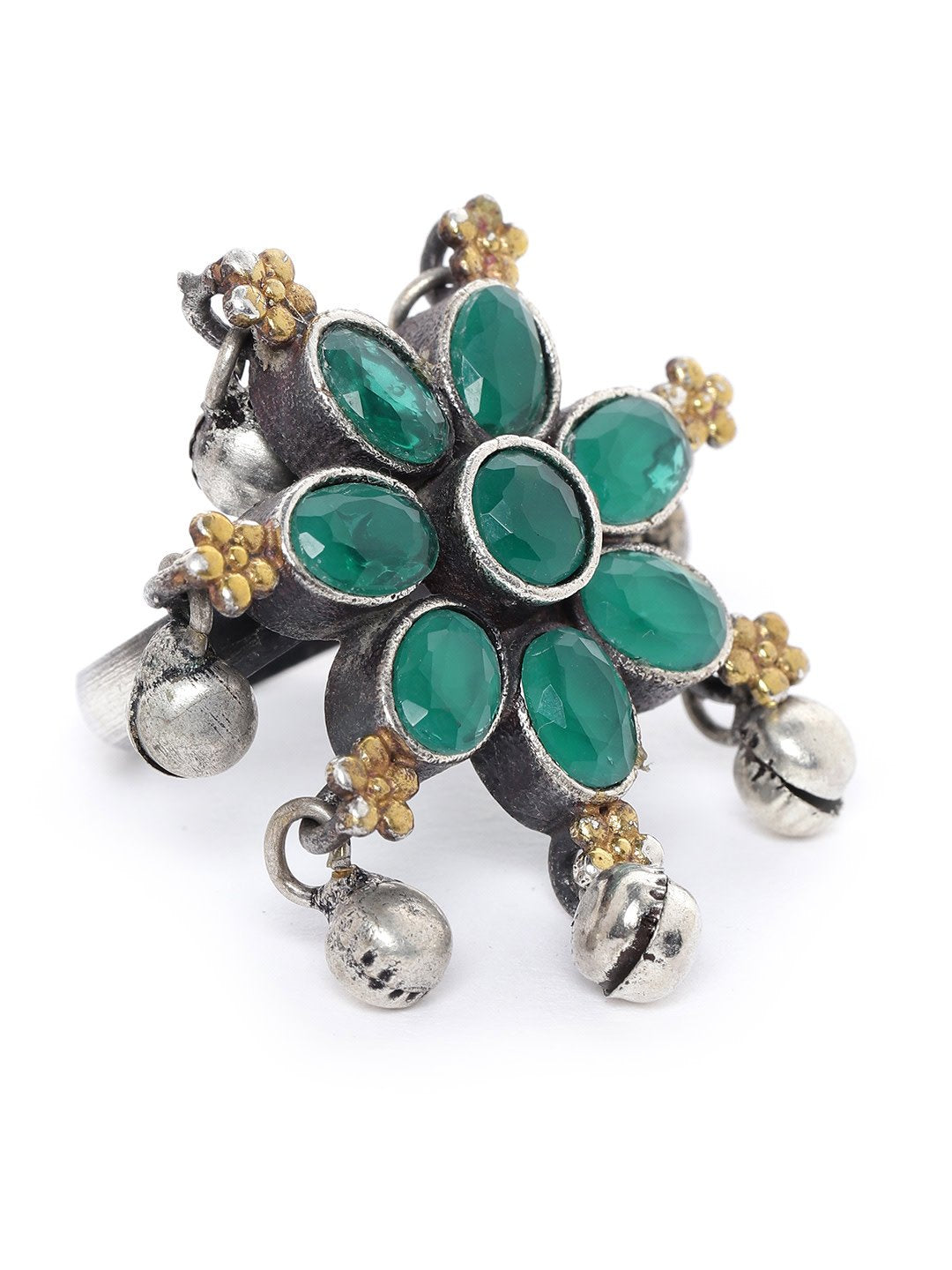 Antique Dual Toned Emerald Studded Floral Adjustable Finger Ring