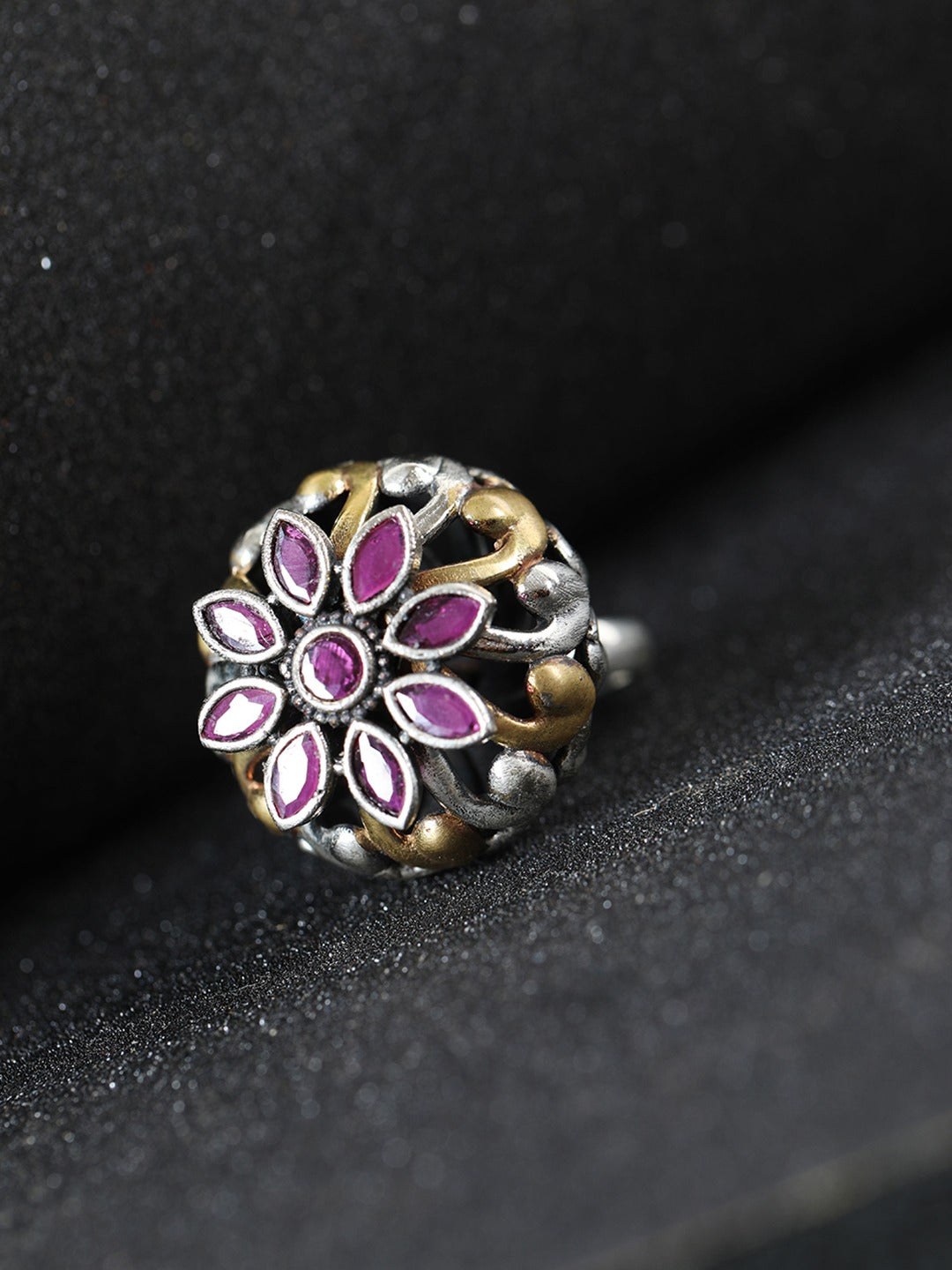 Dual Toned Ruby Studded Rotatating Floral Adjustable Ring