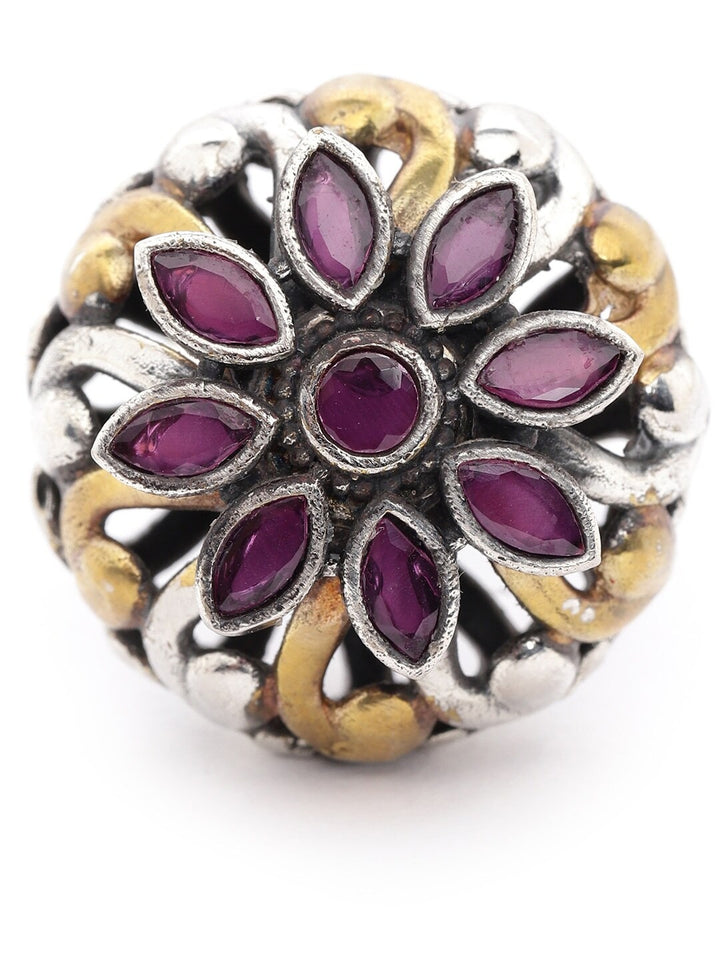 Dual Toned Ruby Studded Rotatating Floral Adjustable Ring