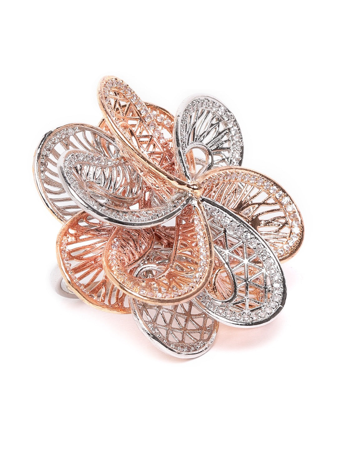 Rose Gold and Silver Plated Studded Adjustable Finger Ring