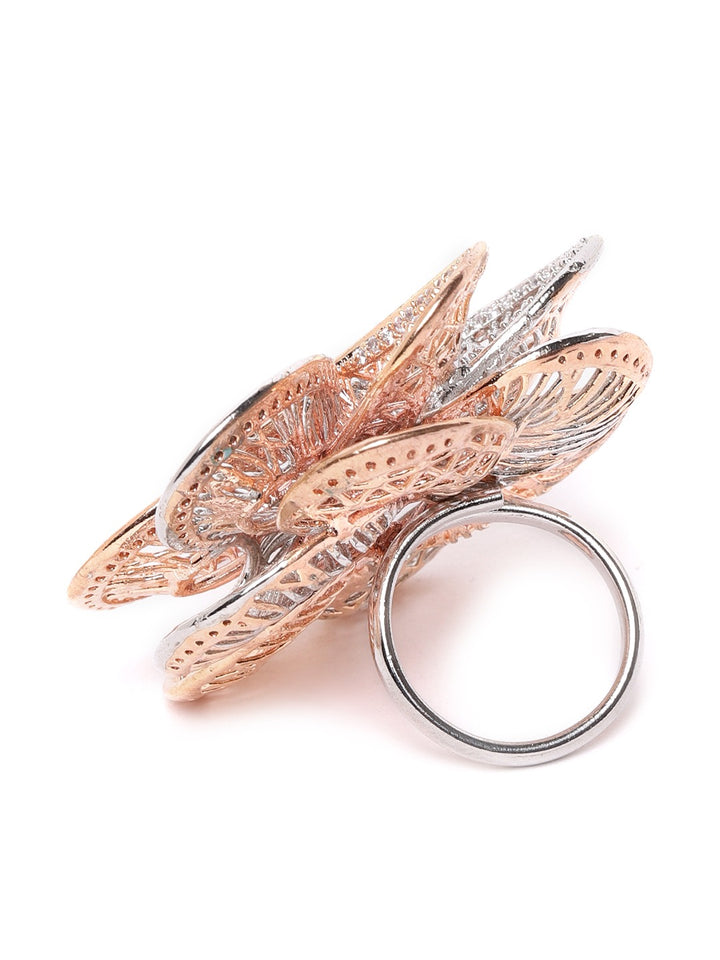 Rose Gold and Silver Plated Studded Adjustable Finger Ring