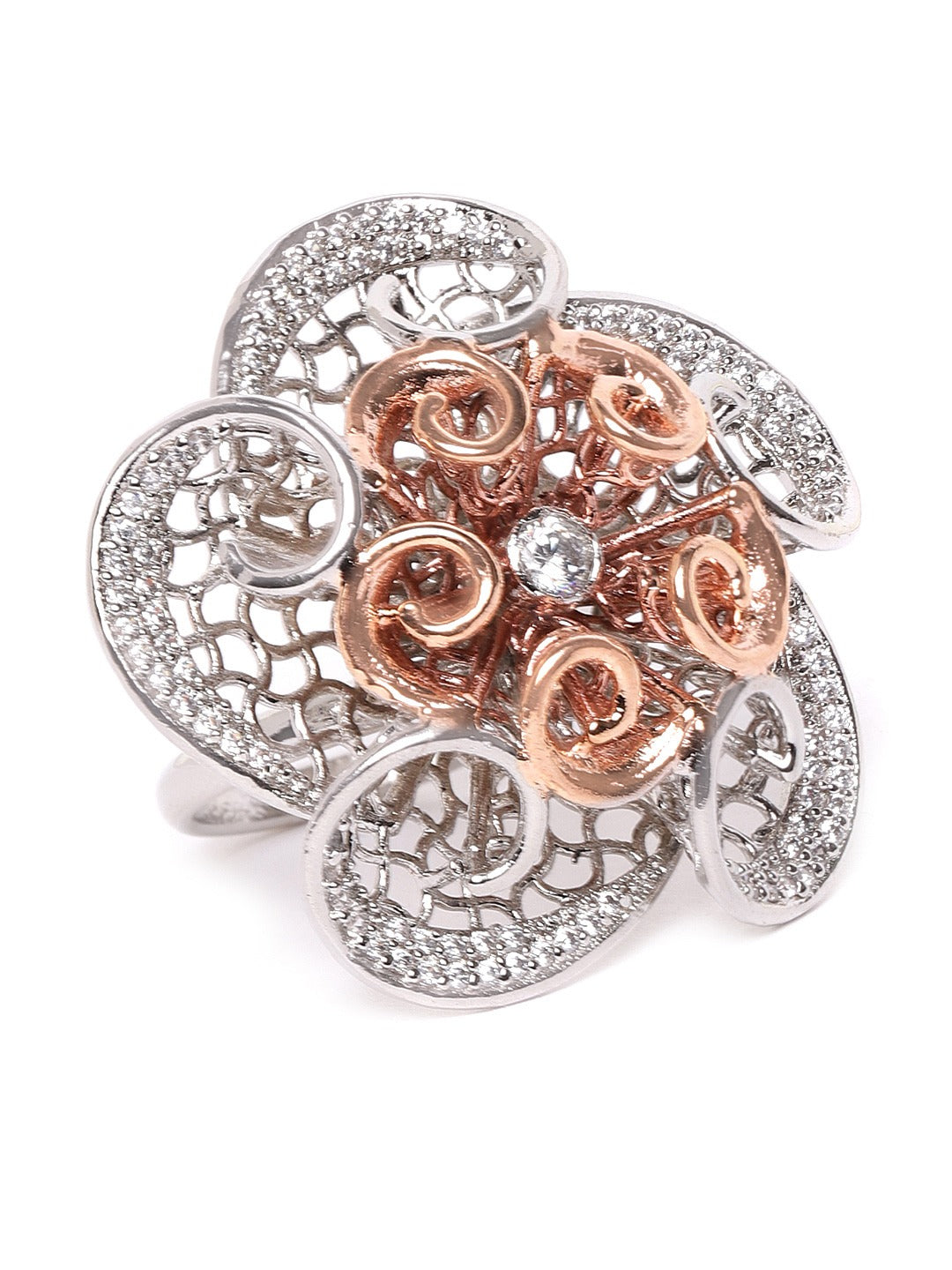 Rose Gold and Silver Plated AD Studded Finger Ring