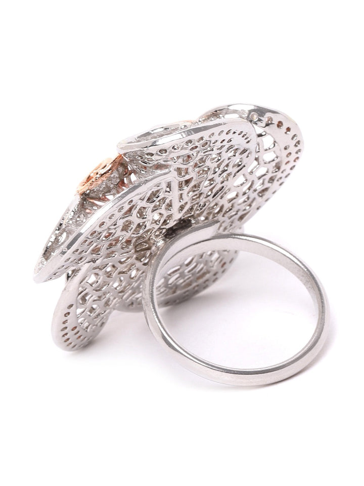 Rose Gold and Silver Plated AD Studded Finger Ring