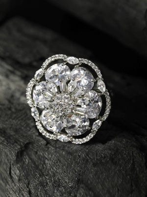 American Diamond Silver Plated Spherical Ring