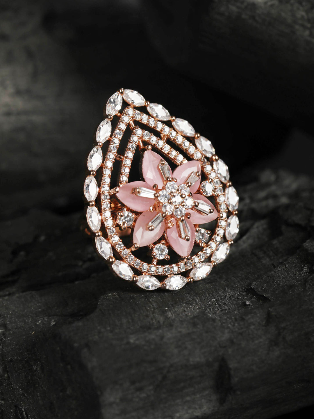 Pink American Diamond Rose Gold-Plated Floral Ring
