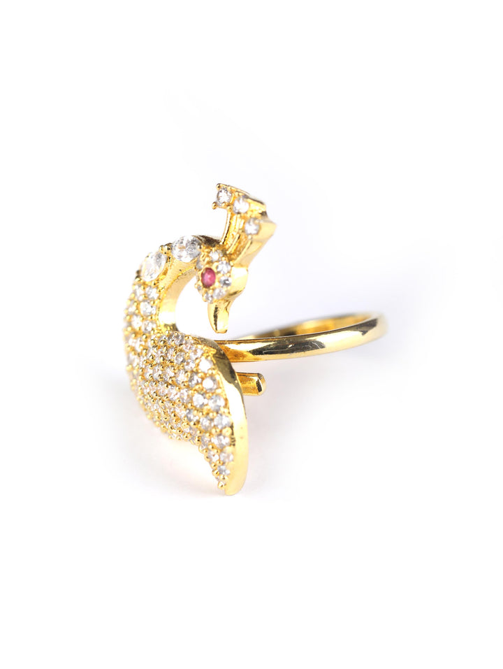 GazeWorthy - American Diamond Gold Plated Peacock Shaped Ring