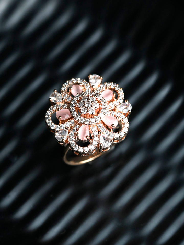 Pink Floral American Diamond Rose Gold Ring
