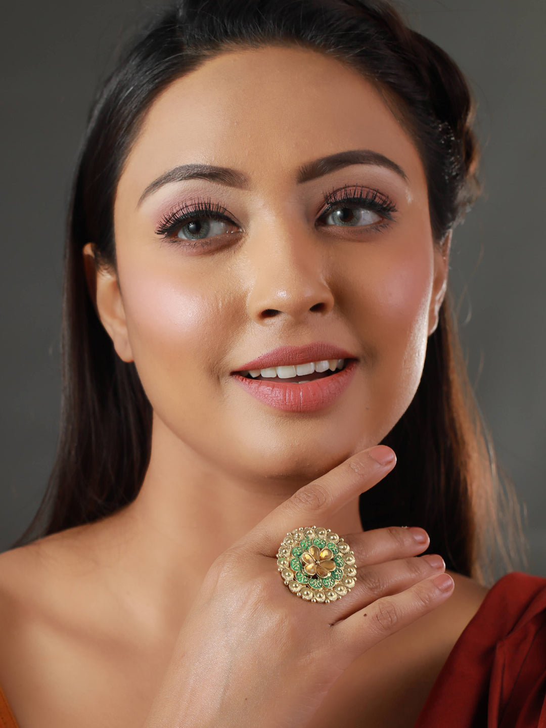 Priyaasi Gold Plated Green Meenakari Floral Ring