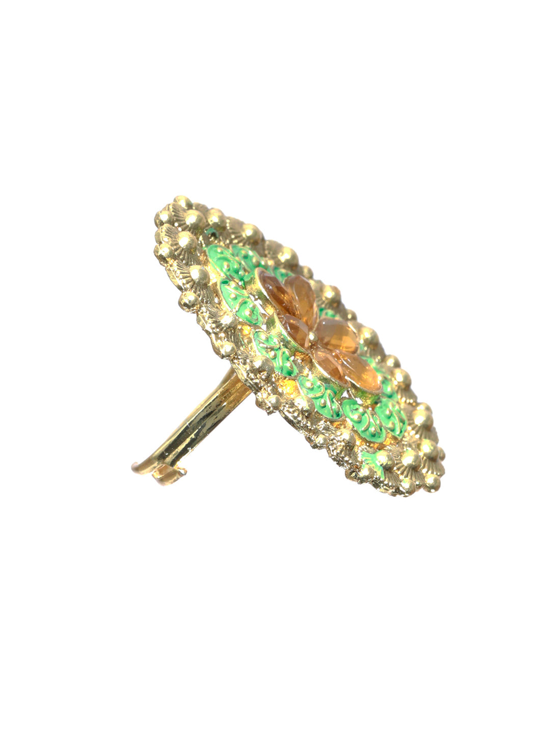 Priyaasi Gold Plated Green Meenakari Floral Ring