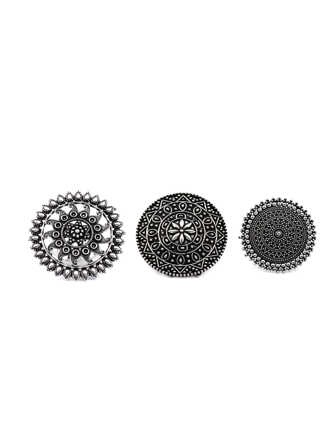 Boho Oxidised Silver Plated Floral Rings Set
