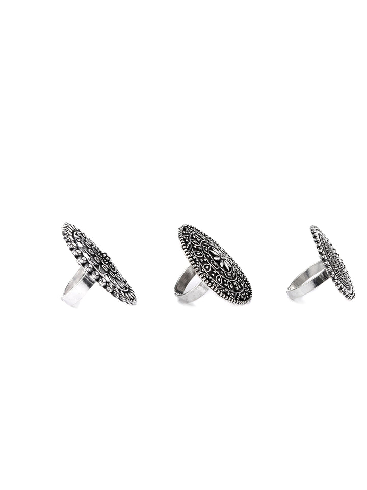 Boho Oxidised Silver Plated Floral Rings Set