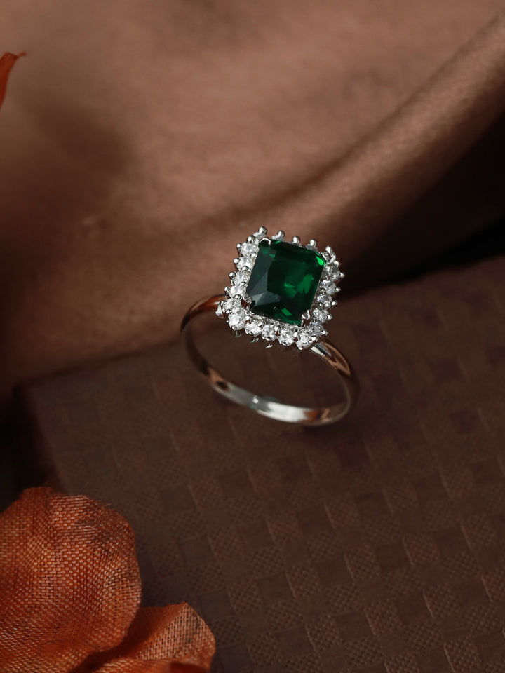Priyaasi Emerald Green Silver Plated Solitaire Ring