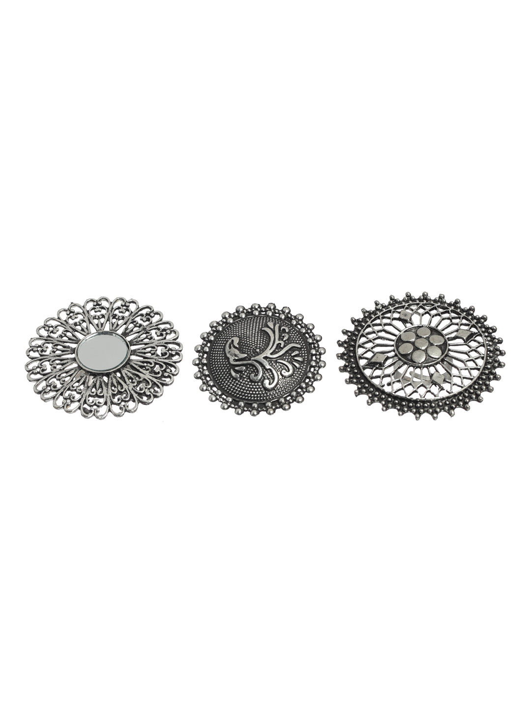 Priyaasi Floral Mirror Motif Oxidised Silver Ring Set of 3