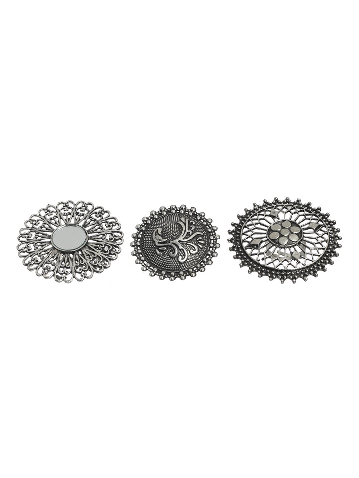 Priyaasi Floral Mirror Motif Oxidised Silver Ring Set of 3