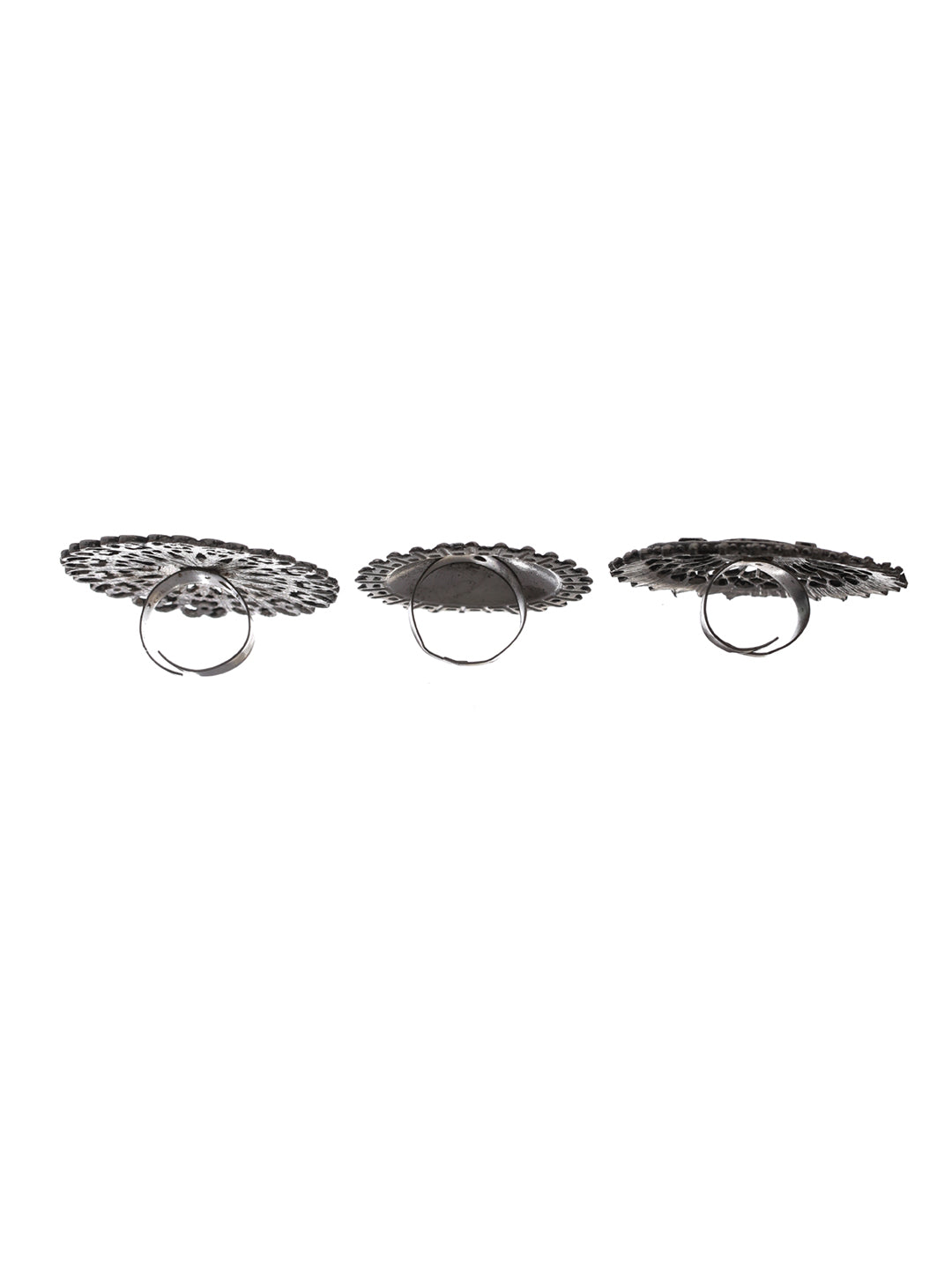 Priyaasi Floral Mirror Motif Oxidised Silver Ring Set of 3